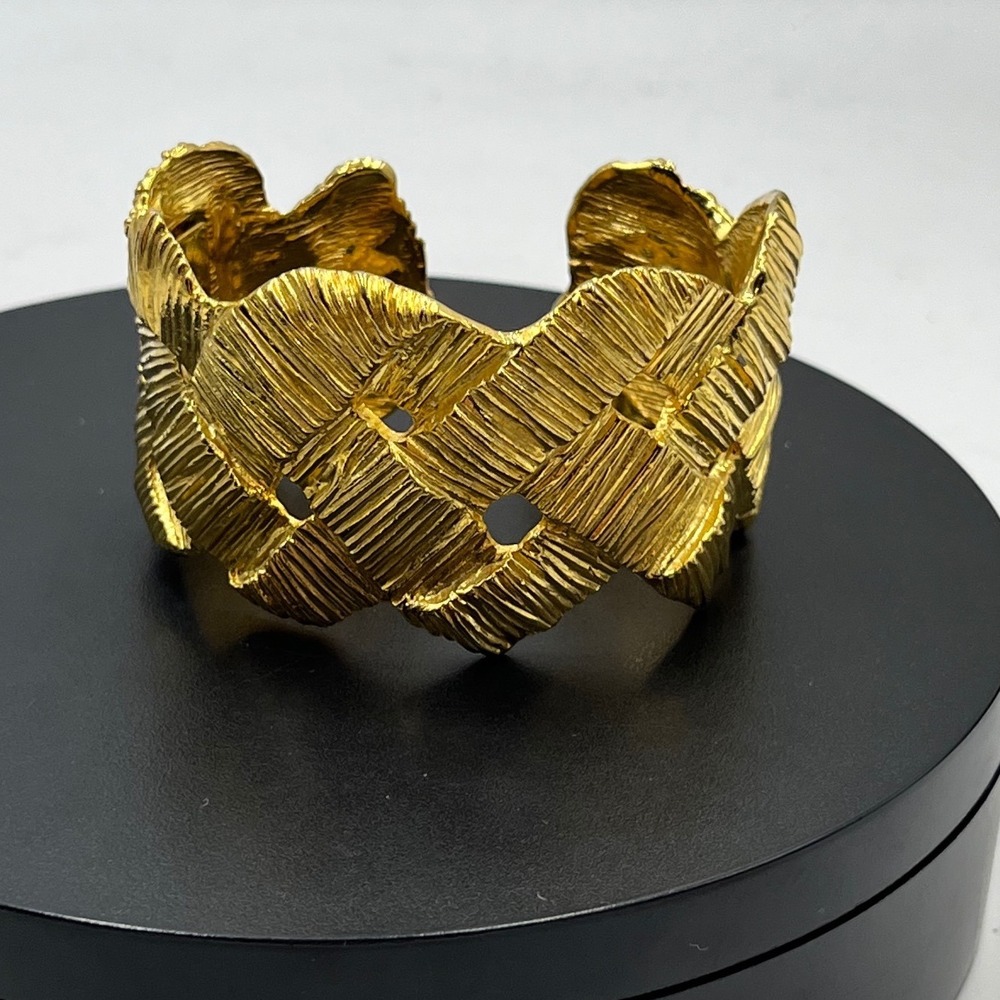 VO Vogue Les Bernard Gold Woven Basketweave Wide Statement Cuff  Runaway Couture
